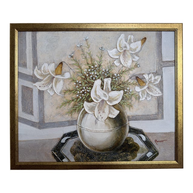 Vintage Ramon Textured Floral Still Life Painting Lilies Framed Canvas Art For Sale