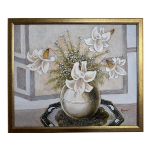 Vintage Ramon Textured Floral Still Life Painting Lilies Framed Canvas Art
