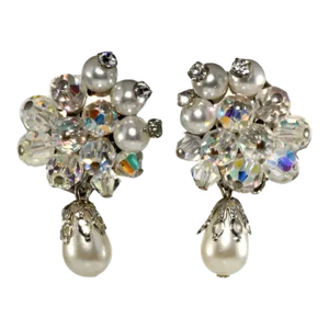 Vintage Faux Pearls & Rhinestones Cluster Earrings - 2 Pieces