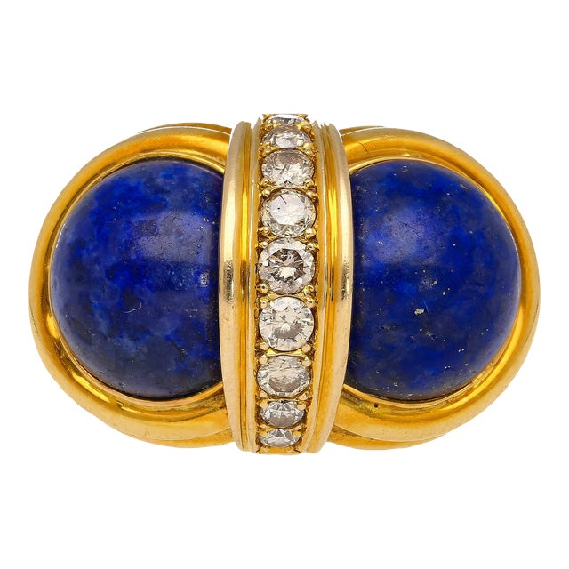 Vintage Cabochon Cut Lapis Lazuli and Diamond in 18k Yellow Gold Statement Ring Size 7 For Sale