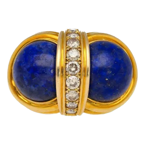 Vintage Cabochon Cut Lapis Lazuli and Diamond in 18k Yellow Gold Statement Ring Size 7