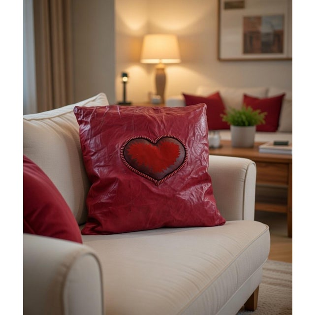 Textile Handcrafted Red Leather and Silk Heart Pillow by Iuri Shubladze For Sale - Image 7 of 7