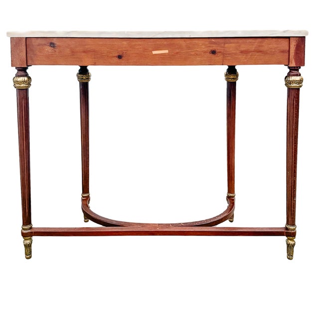 Vintage Louis XVI Revival Marble-Top Mahogany Console Table With Ormolu Mounts & Porcelain Medallions For Sale - Image 15 of 16
