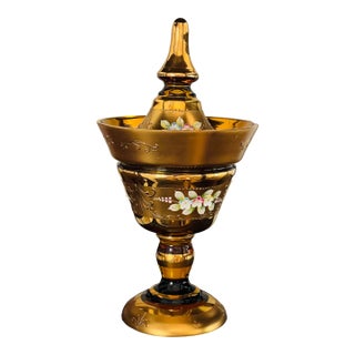 Antique Bohemian Amber Glass With Gold Enameled Compote VaseWith Cover For Sale