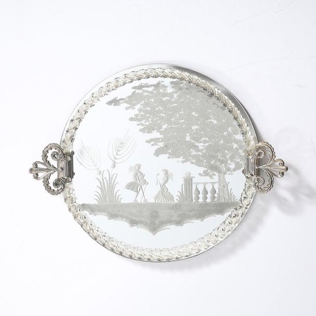 Classical Reversed Etched Mirrored Tray W/ Pastoral Scene & Twisted Glass Border For Sale - Image 9 of 14