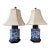 Blue and White Vintage Lamps With Asian Motifs, a Pair, Silk Shades For Sale