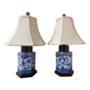 Blue and White Vintage Lamps With Asian Motifs, a Pair, Silk Shades