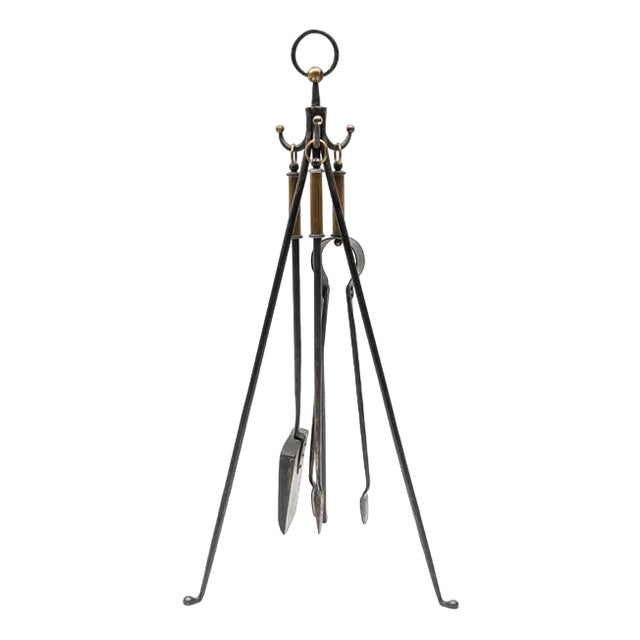 Hand Forged Iron and Brass Tripod Stand with Fireplace Tools, Austria, 1950s, Set of 4 For Sale