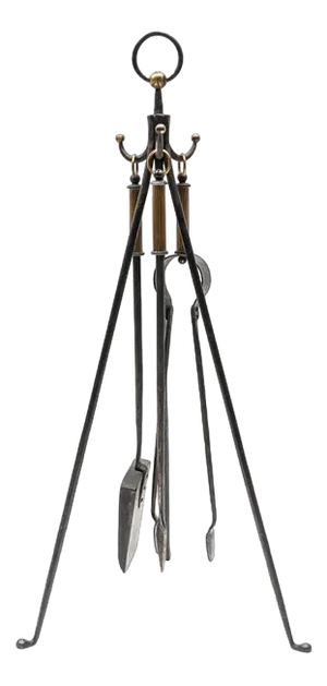 Hand Forged Iron and Brass Tripod Stand with Fireplace Tools, Austria, 1950s, Set of 4