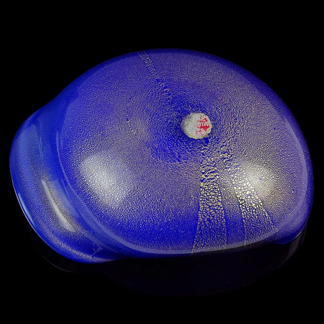 Blue Vintage Seguso Murano Blue Sapphire Pink Gold Flecks Italian Art Glass Mid Century Bowl Dish For Sale - Image 8 of 9
