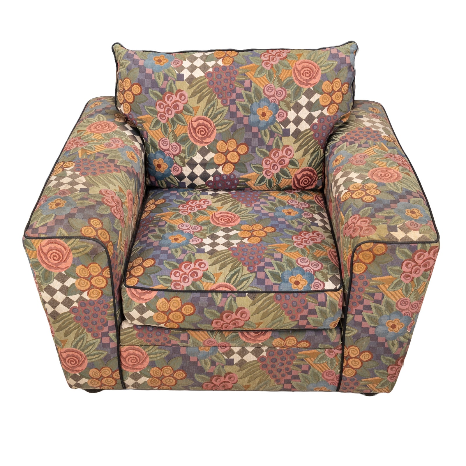 1980s Bauhaus Oversized Checkered Floral Postmodern Print Lounge Chair