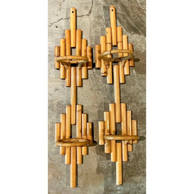Wood Vintage Boho Stacked Rattan Wall Plant Holders - A Pair For Sale - Image 7 of 7