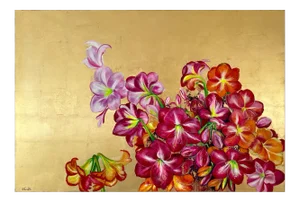 Lilies in the Valley, Large Gold Painting with Colorful Nature, Flower Palette, 2020