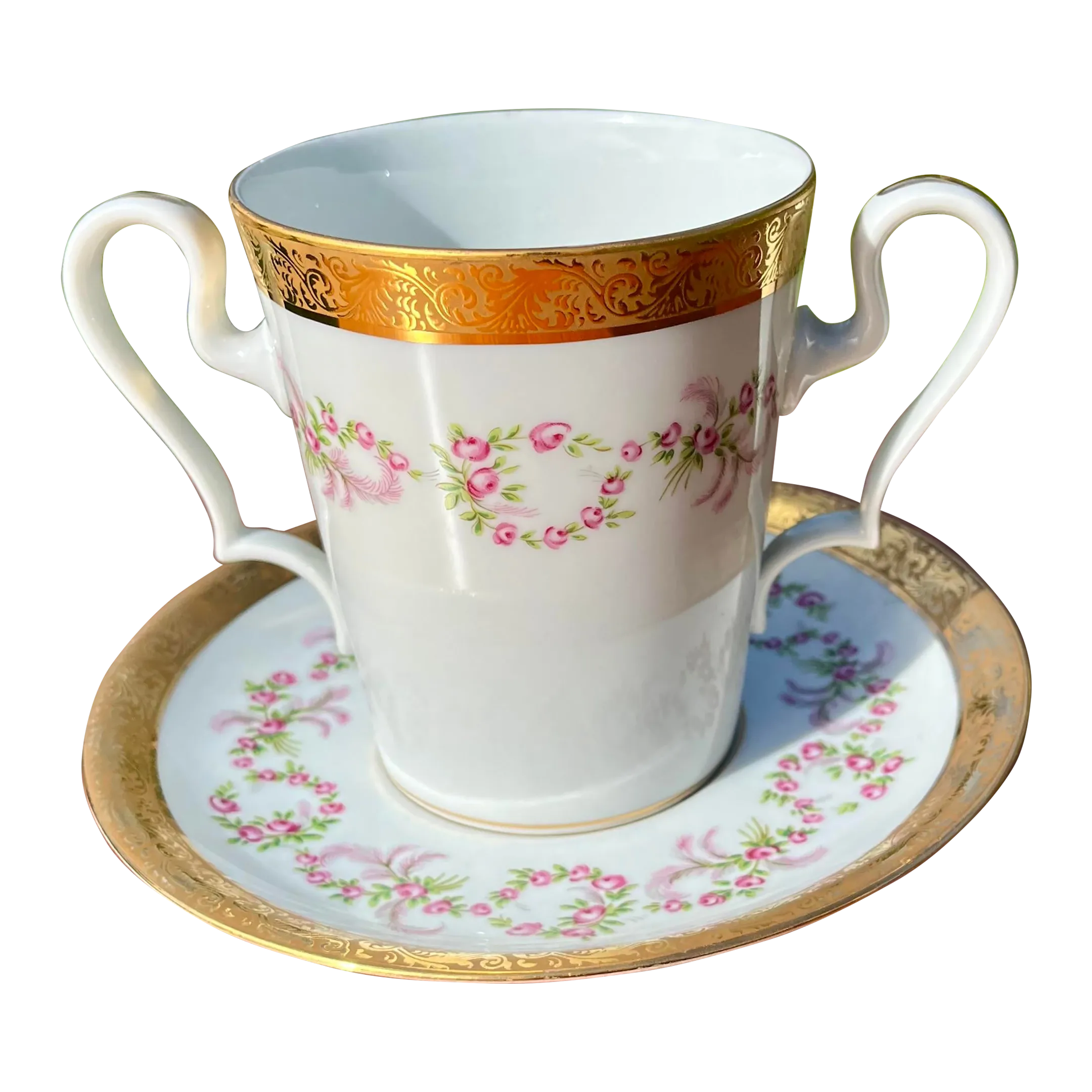 Antique Large Tea Cup With 2 Handles Called the Queen and Saucer