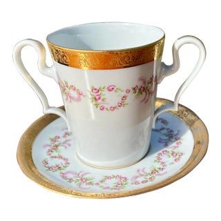 Antique Large Tea Cup With 2 Handles Called the Queen and Saucer / Limoges Porcelain Factory of Earthenware and Enamel La Seynie) For Sale