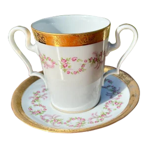 Antique Large Tea Cup With 2 Handles Called the Queen and Saucer / Limoges Porcelain Factory of Earthenware and Enamel La Seynie)