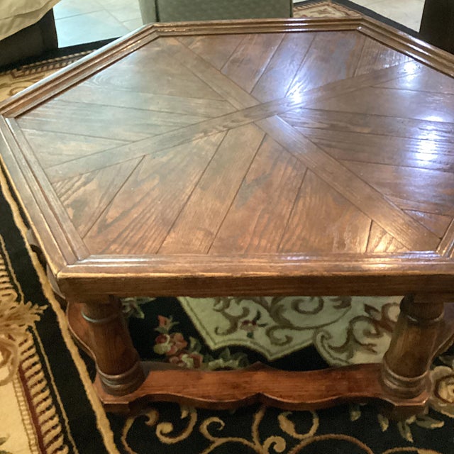 Mid-Century Modern 1970s Vintage Meiterranean Style Hexagonal Parquet Wood Coffee Table For Sale - Image 3 of 7