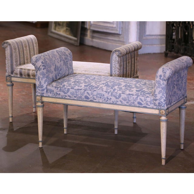 Late 20th Century Late 20th Century Pair of Vintage French Louis XVI Upholstered Painted Stool Benches For Sale - Image 5 of 10