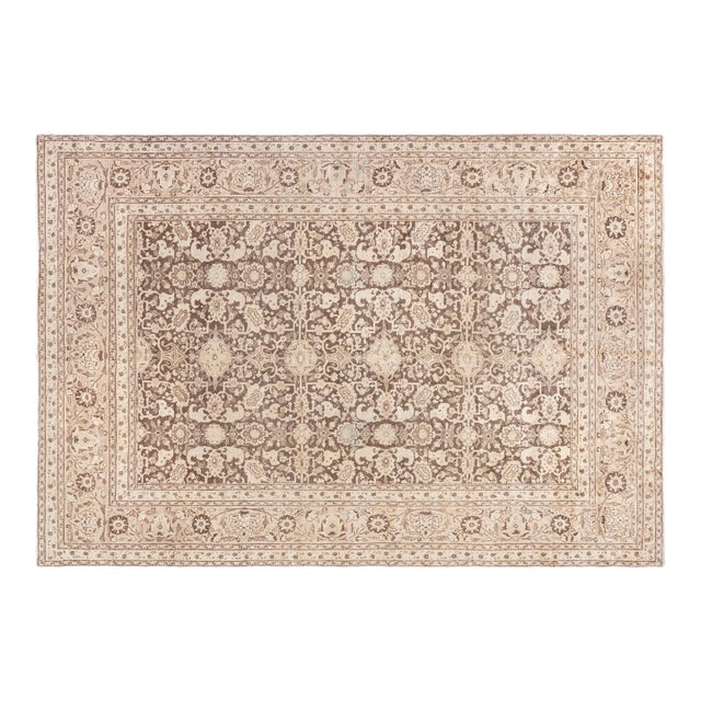 Antique Persian Tabriz Brown Handmade Wool Rug For Sale