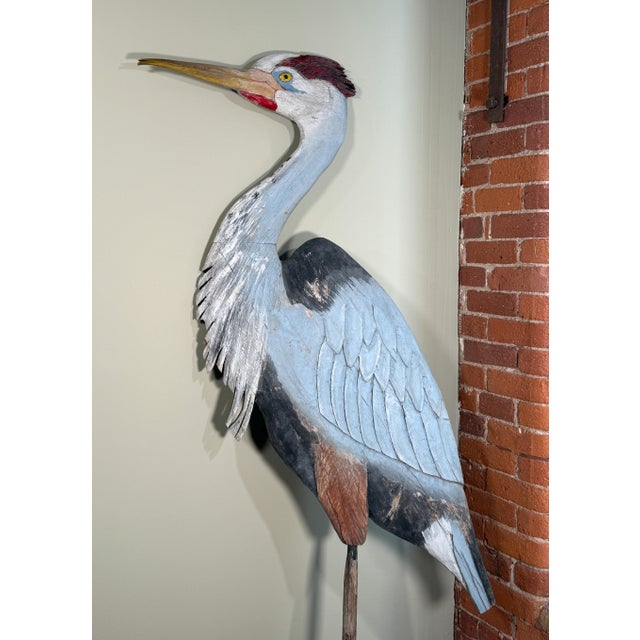 Mid 20th Century Monumental Folk Art Hand Carved & Painted Wood Blue Heron Garden Sculpture For Sale - Image 5 of 12