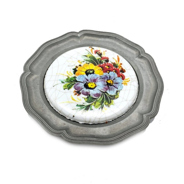Mid-Century Modern Mid-Century German Pewter and Floral Ceramic Coasters - Set of 9 For Sale - Image 3 of 5
