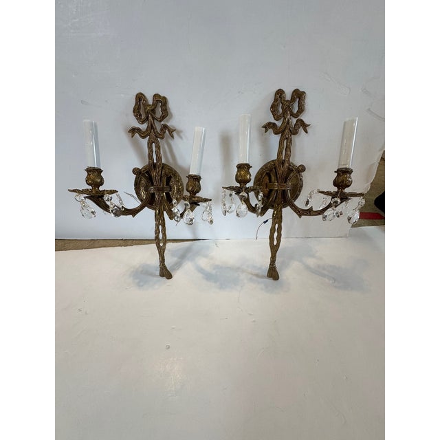 Vintage Brass and Crystal Wall Sconces -a Pair For Sale - Image 4 of 10
