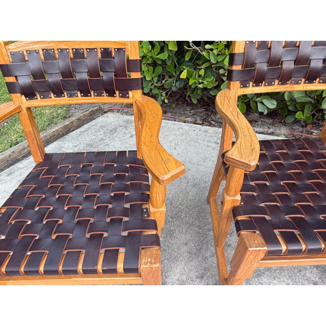 Brown Vintage Mid-Century Ranch Oak Leather Strapped Arm Chairs - A Pair For Sale - Image 8 of 11