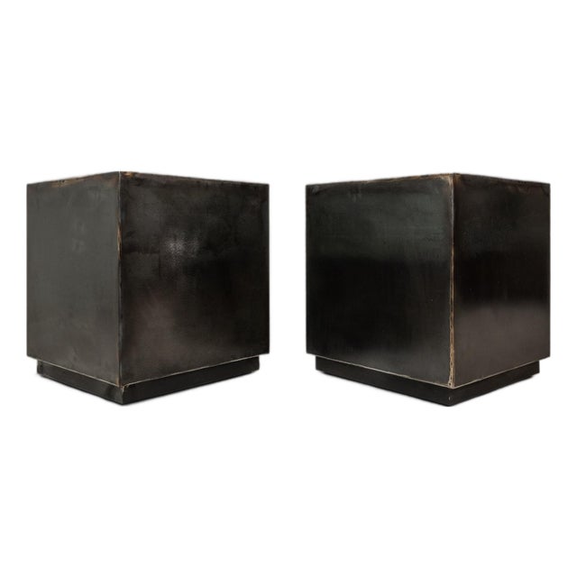 Set of Two (2) Mid-Century Modern Industrial Brutalist Cubes / End Tables / Pedestals in Patinaed Metal, Usa, C. 1970s For Sale