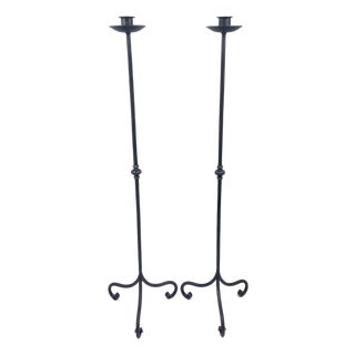 Hand Forged Iron Candelabra Pair (105cm) Antique Copper Tapered Stem with Scroll Base For Sale