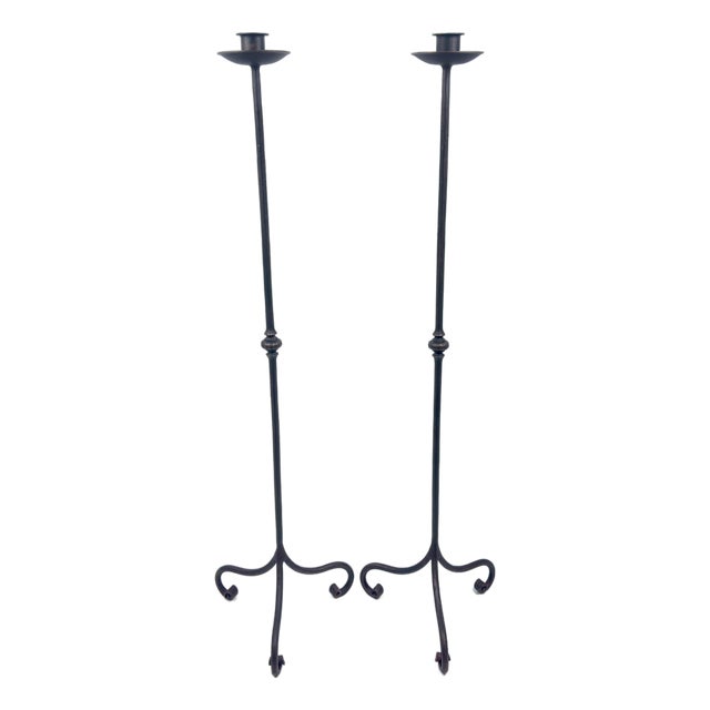 Hand Forged Iron Candelabra Pair (105cm) Antique Copper Tapered Stem with Scroll Base For Sale