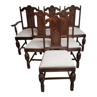 Six Thomasville Jacobean Revival Style Oak Dining Chairs For Sale