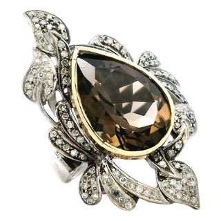 1970s Italian Smoky Topaz & Diamond Ring in Silver and 14k Gold, Size 8 For Sale