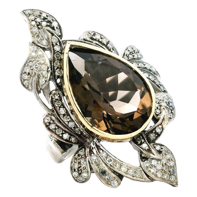 1970s Italian Smoky Topaz & Diamond Ring in Silver and 14k Gold, Size 8 For Sale