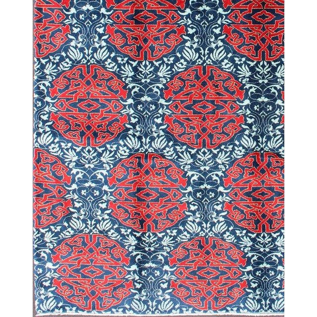 Mid-Century Modern Red & Blue European Design Rug With Geometric Medallions and Vining Blossoms For Sale - Image 3 of 13
