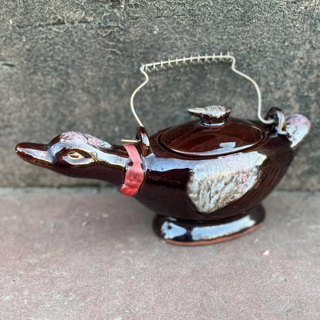 Black Antique Japanese Redware Goose Tea Condiment Container With Brass Wire Handle For Sale - Image 8 of 9