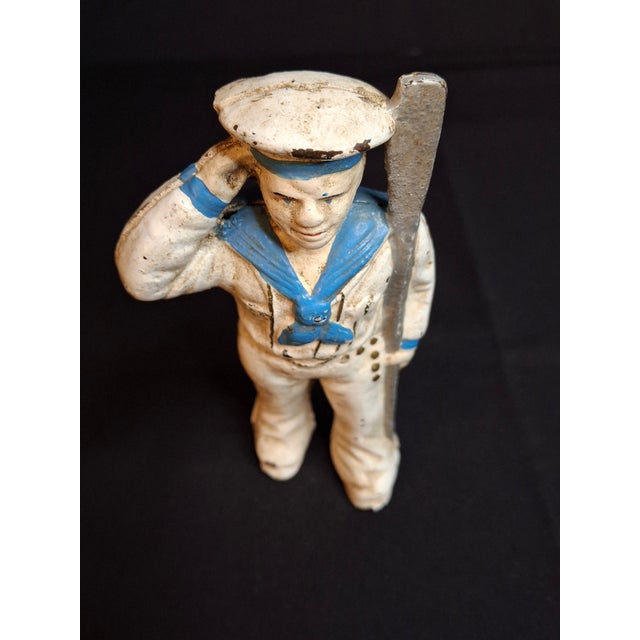 Hubley Manufacturing Company Antique Hubley Cast Iron Saluting Sailor Oarsman Still Penny Bank C. 1910-1915 For Sale - Image 4 of 11