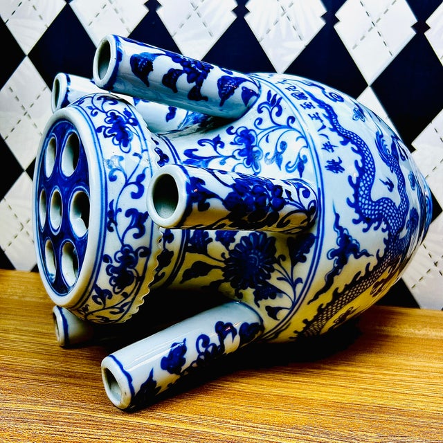 Grand Chinoiserie Tulipière Blue & White Porcelain Vase Multi-Spout, 15" For Sale - Image 4 of 14