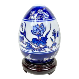 Vintage Blue and White Ceramic Egg With Stand