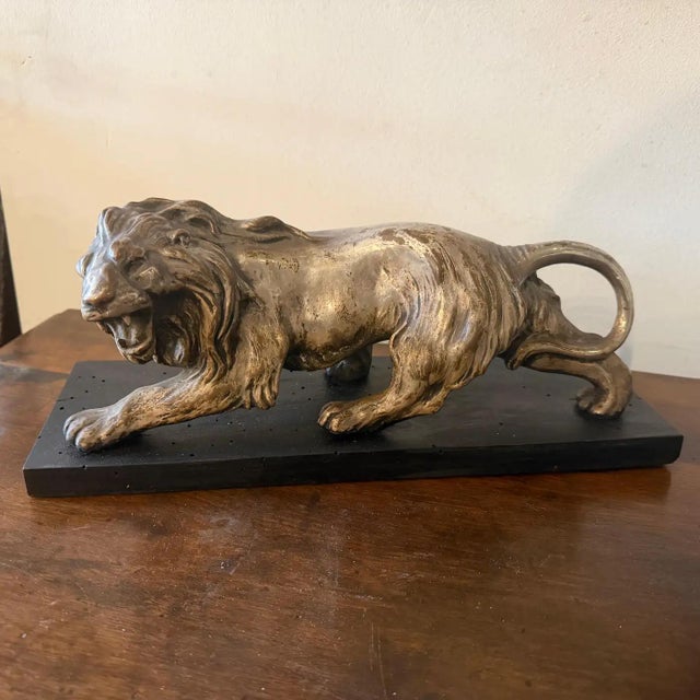 A 1940s Art Deco Silver Plate on Copper Italian Sculpture of a Roaring Lion For Sale - Image 6 of 16