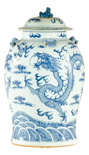 Early 20th Century Qing Dynasty Blue and White Porcelain Dragon Jar with Lid and Foo Dog Finial