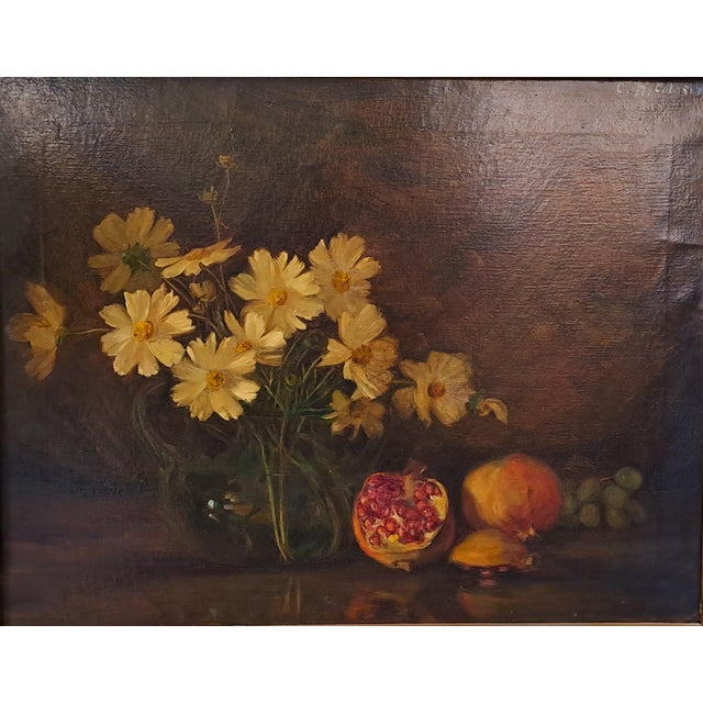 1930s G. Nattiello Colosimo, Still Life with Yellow Daisies, Pomegranate and Fruit, 20th Century, Oil Painting on Canvas, Framed For Sale - Image 5 of 8