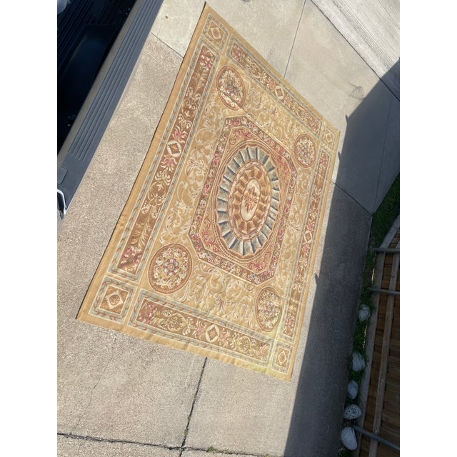 Aubusson Flatweave Rug in Gold, Beige-Brown & Blue Florals For Sale - Image 4 of 12