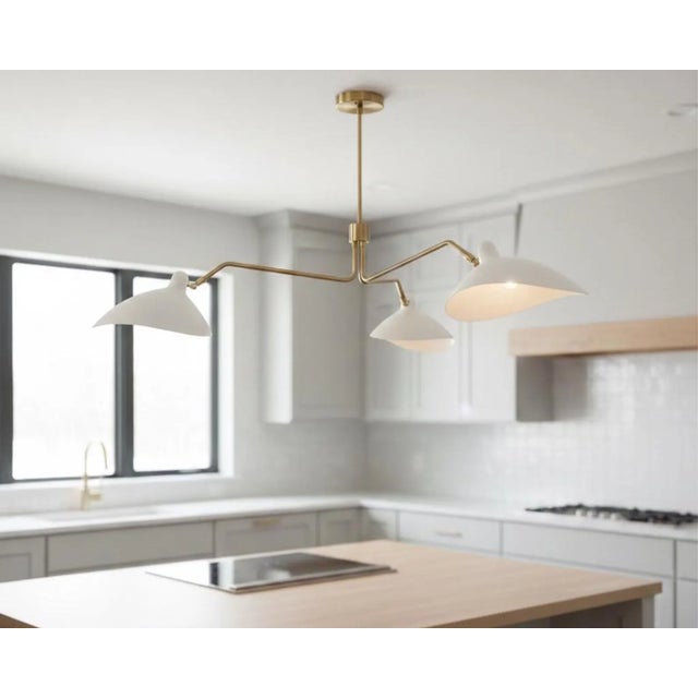 Contemporary Sculptural Three-Light Brass Chandelier With White Domed Shades For Sale - Image 3 of 10