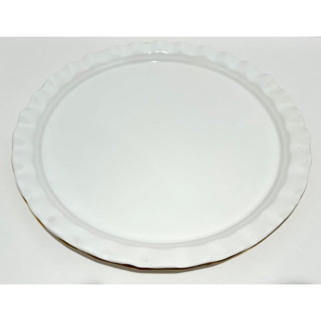 Vintage Portuguese Ceramic Cake Dome & Plate – Gift Box Bow Lid – White W/ Gold Trim For Sale - Image 4 of 11