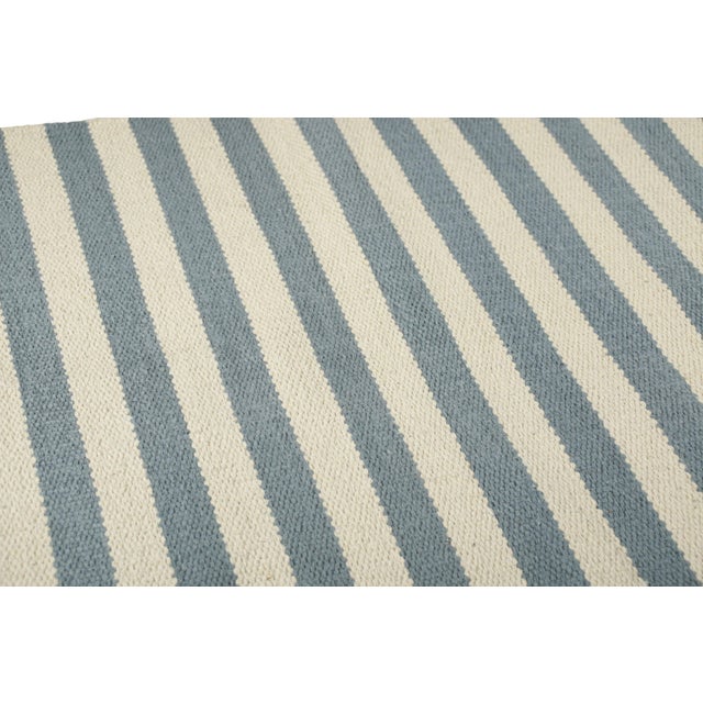 Modern Rug & Kilim's Modern Dhurrie Flatweave Rug With Blue & Ivory Stripes For Sale - Image 3 of 7