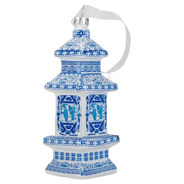2020s Chinoiserie Blue & White Pagoda Christmas Tree Glass Ornament - A Pair For Sale - Image 5 of 5