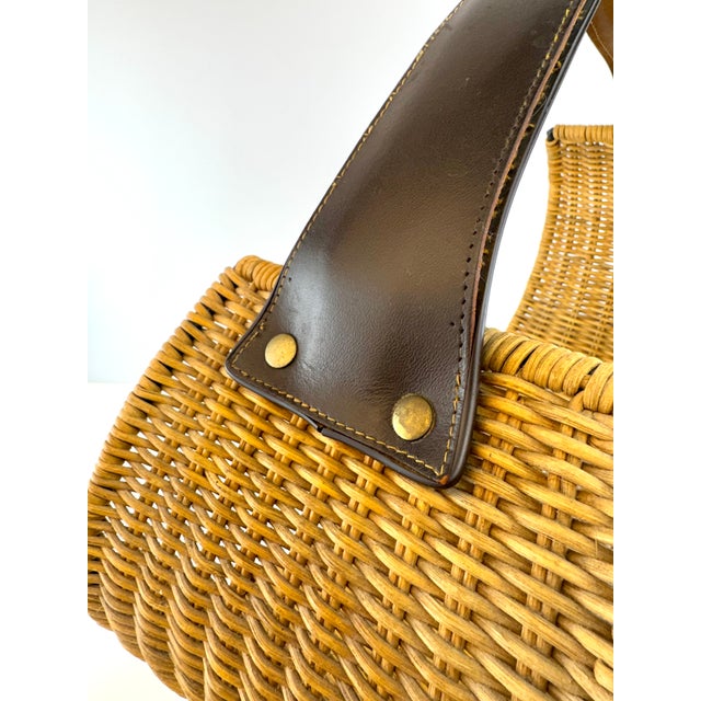 Farmhouse 1960s Mid-Century Rattan Firewood Log Basket With Leather Handle For Sale - Image 3 of 14