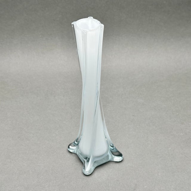 Mid 20th Century Vintage MCM Twisted White Cased Clear Glass Bud Vase For Sale - Image 5 of 8