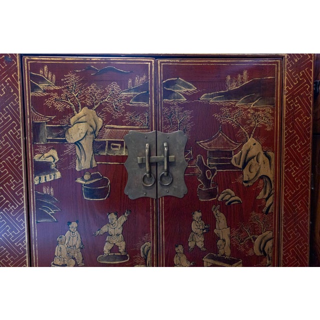 Rare Pair of 19th Century Chinese Red Lacquer Chinoiserie Cabinets For Sale - Image 9 of 16