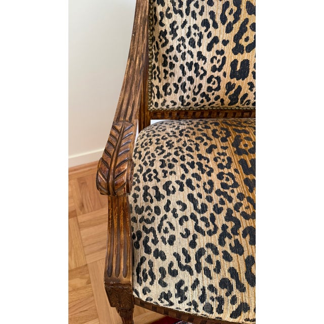 Vintage Pair of Louis XVI-Style Carved Fauteuil Armchairs in Leopard Print For Sale - Image 9 of 12